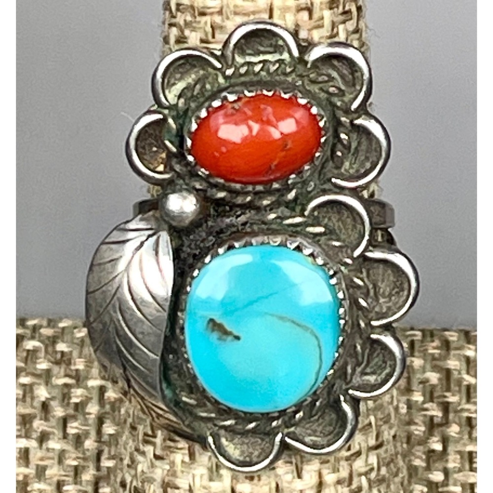 Navajo Sterling Silver Turquoise Coral Ring Handmade‎ Split Shank Size 7.25